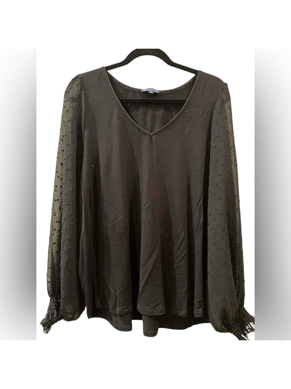Democracy Women’s Black Blouse Shirt Top Sheer Lace Sleeves Plus Size: 2X